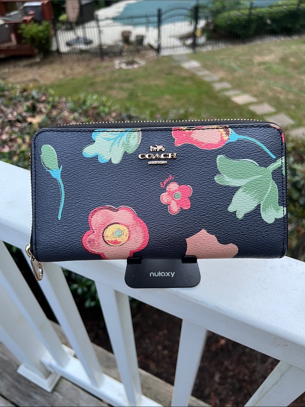 Coach Black Floral Zip-Around Wallet with Pink and Green Blooms - Picture 2 of 16